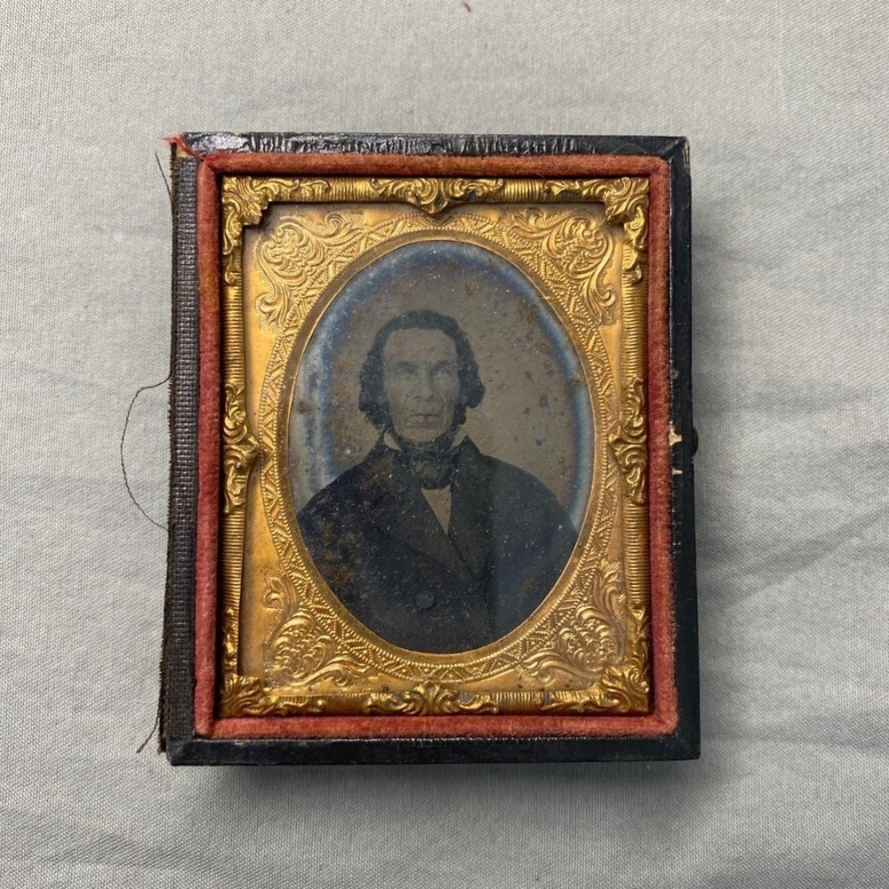 Antique 1850s Ambrotype Portrait 1/9 Plate Man Brass Mat Leather Split Case